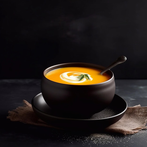 Pumpkin soup in a black plate on a black wooden background Generative AI