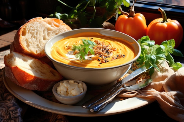 Pumpkin soup in a bowl on dark background