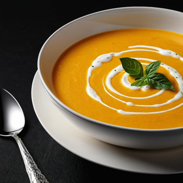 Pumpkin soup in a bowl with basil olive oil and yogurt