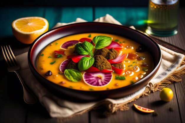 Pumpkin soup in a bowl on a wooden background Selective focus