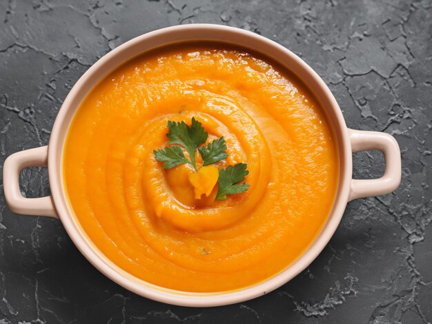 Pumpkin soup in ceramic bowl on dark background