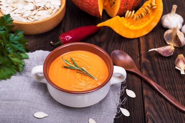 Pumpkin soup in a ceramic plate 