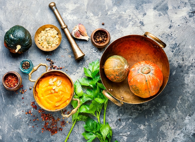 Pumpkin soup in a metal pot