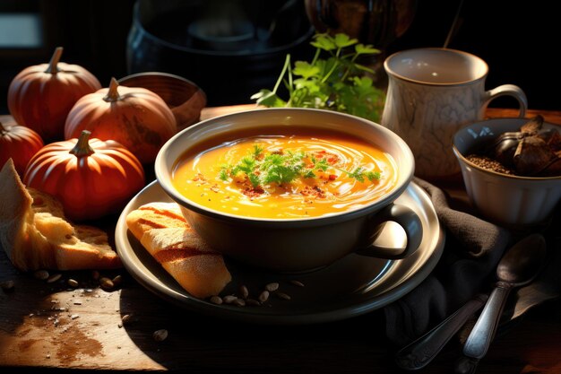 Pumpkin soup in white bowl with parsley and bread