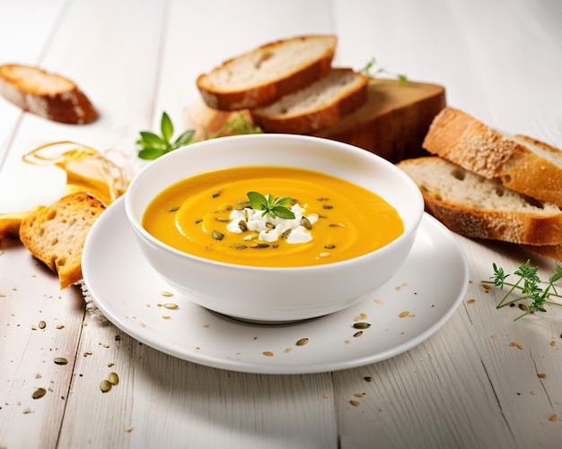 Pumpkin soup in a white bowl