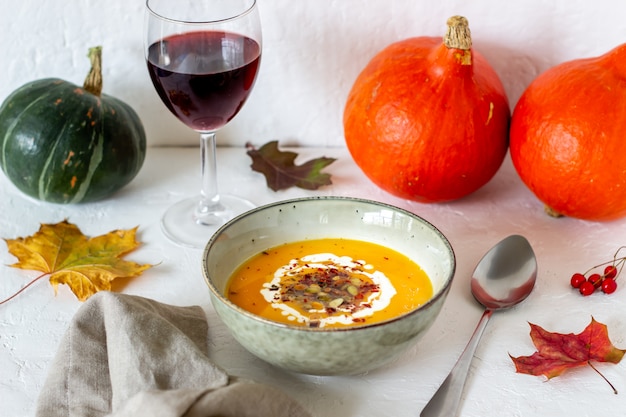 Pumpkin soup on a white . Healthy eating.