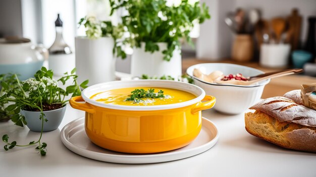 Pumpkin soup in a white tureen AI generativ