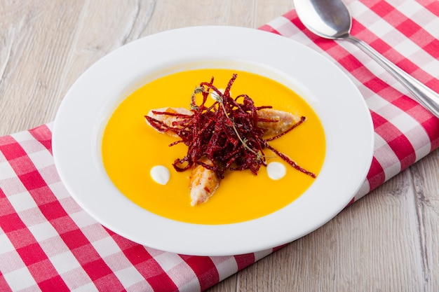 pumpkin soup with chicken cutlets and beet fries