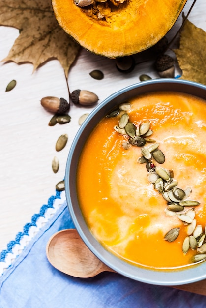 Pumpkin soup with cream and pumpkin seeds 