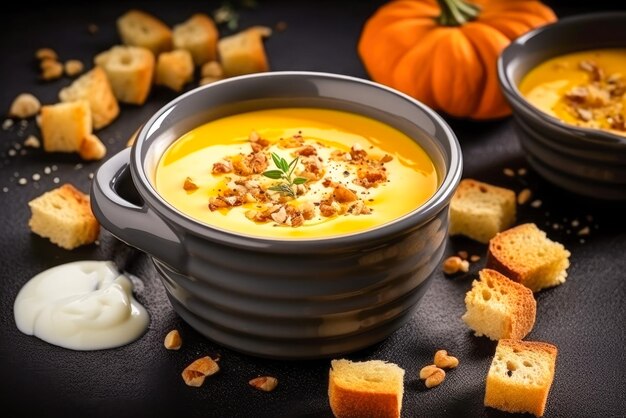 Pumpkin soup with cream seeds and croutons Generative AI