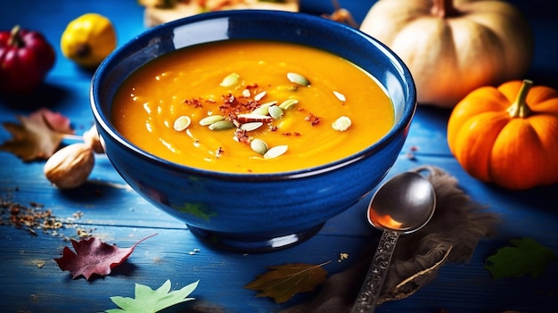 Pumpkin soup with seeds and autumn leaves on blue wooden background