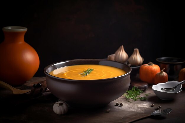 Pumpkin soup with a sprig of dill on top