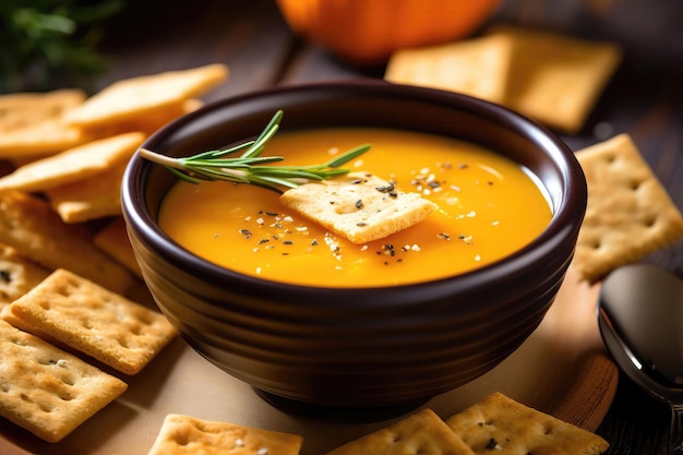 Pumpkin Soup On Wooden Table With Crackers Generative AI