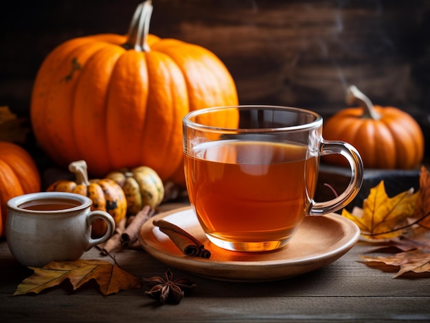 Pumpkin spice cup of tea stock photo cozy teatime autumn drink