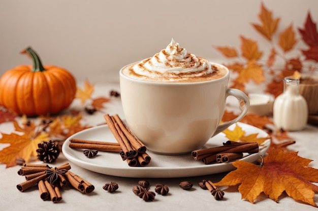 A pumpkin spice latte artfully arranged on a white background ai generative