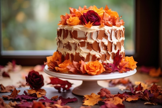 Foto una torta nuziale di spezie di zucca coperta di fiori di glassa autunnali