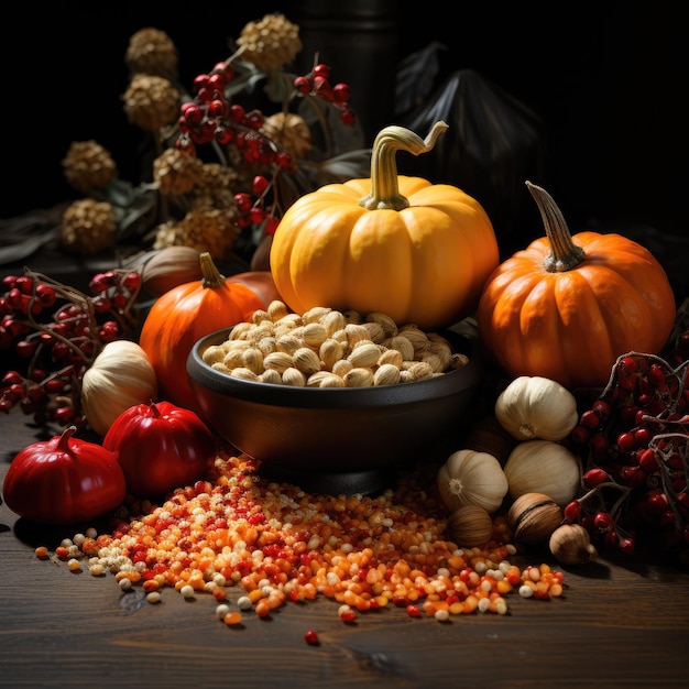 pumpkin and spices on a dark background