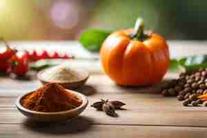 Photo a pumpkin and spices on a wooden table