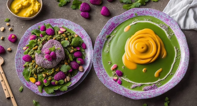 Pumpkin and spinach puree with purple dessert on a beautiful plate AI generated