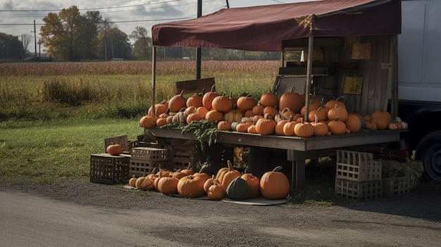 A pumpkin stand with a red roof and a red awning with the word pumpkin on it.