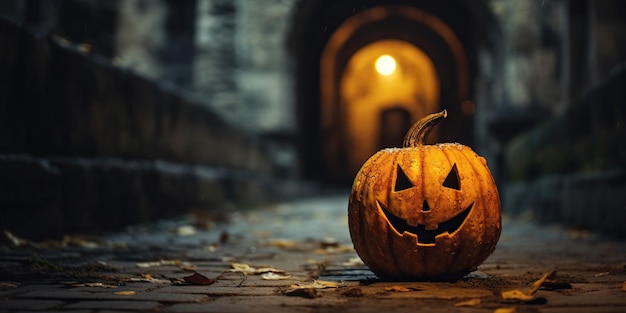 The pumpkin on the street of the ancient town is a symbol of Halloween filling the air with a mysterious and enchanting atmosphere AI Generative AI