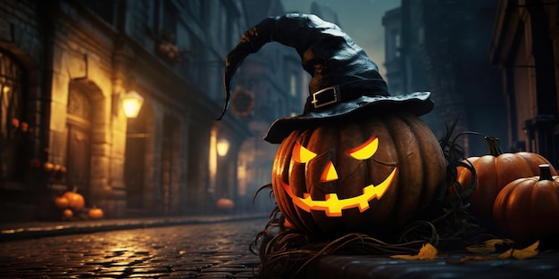 The pumpkin on the street of the ancient town is a symbol of Halloween filling the air with a mysterious and enchanting atmosphere AI Generative AI