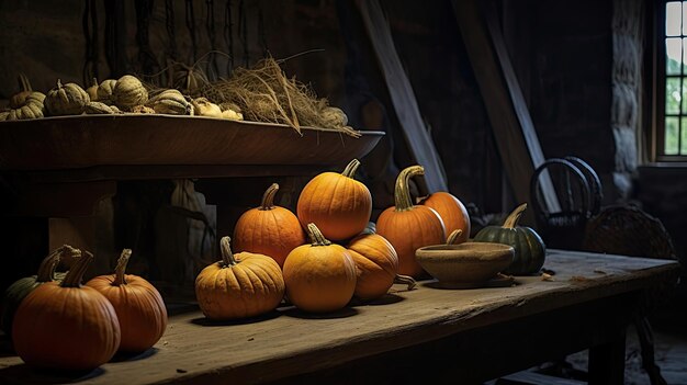 pumpkin on a surface in a antique attic