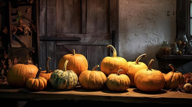 pumpkin on a surface in a antique basement