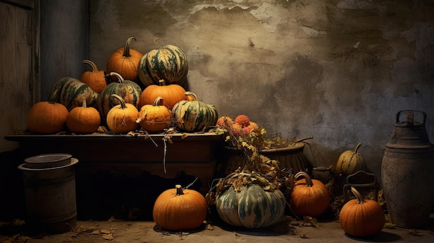 pumpkin on a surface in a antique basement