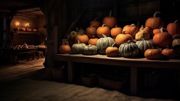 pumpkin on a surface in a antique basement