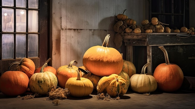 pumpkin on a surface in a antique garage