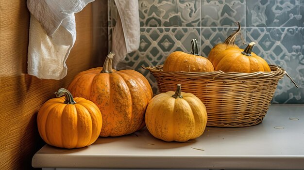 pumpkin on a surface in a antique laundry room