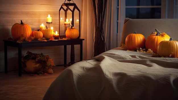 pumpkin on a surface in a modern bedroom