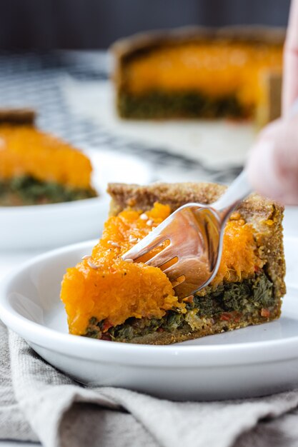 Pumpkin and Swiss chard tart with whole wheat flour. Vegan home cooking.