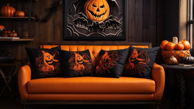 Photo pumpkin throw pillows decorate the halloween couch generative ai