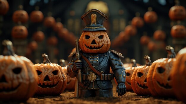 Pumpkin toy soldiers on a big wooden table for Halloween