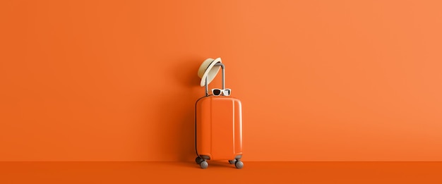 Pumpkin wall behind suitcase with hat and sunglasses Clean travel concept 3d Rendering