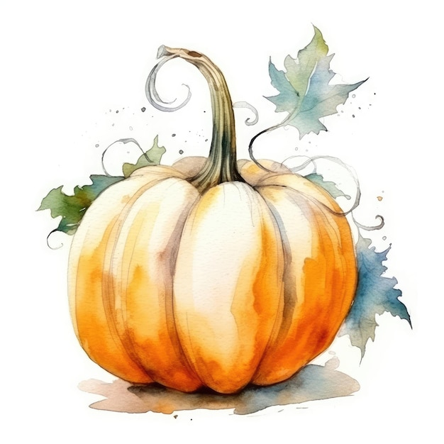 Pumpkin in watercolor style with ink outline on white background generative AI