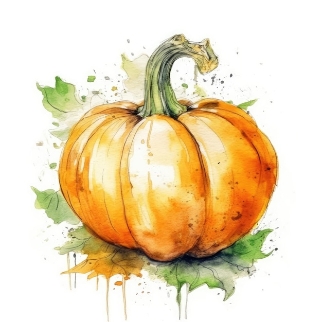 Pumpkin in watercolor style with ink outline on white background generative AI