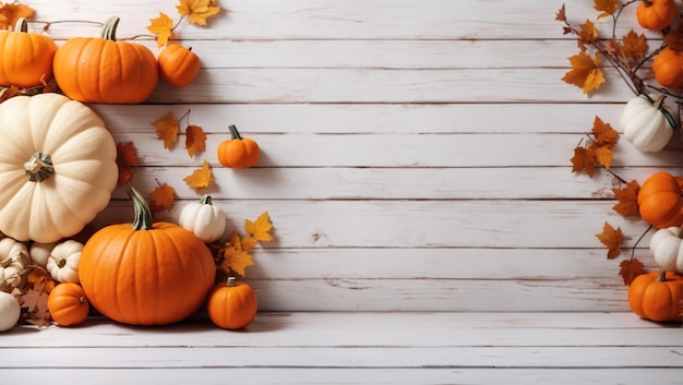 pumpkin over white wooden table background Backdrop with copy space