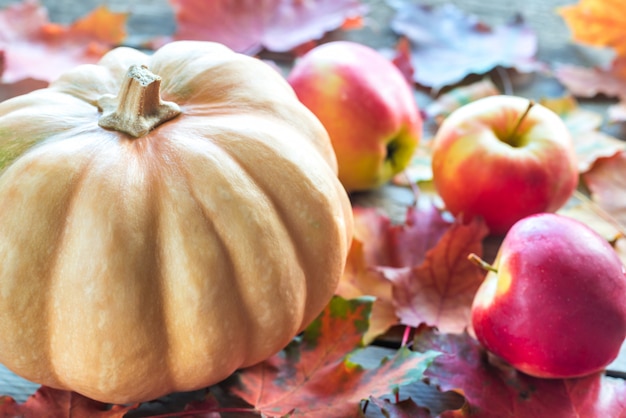 Pumpkin with apples on the wooden table