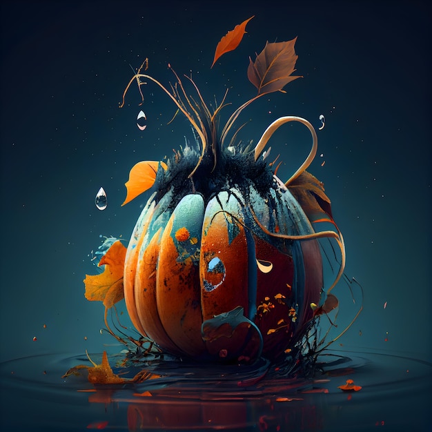 Pumpkin with autumn leaves on dark background 3d illustration