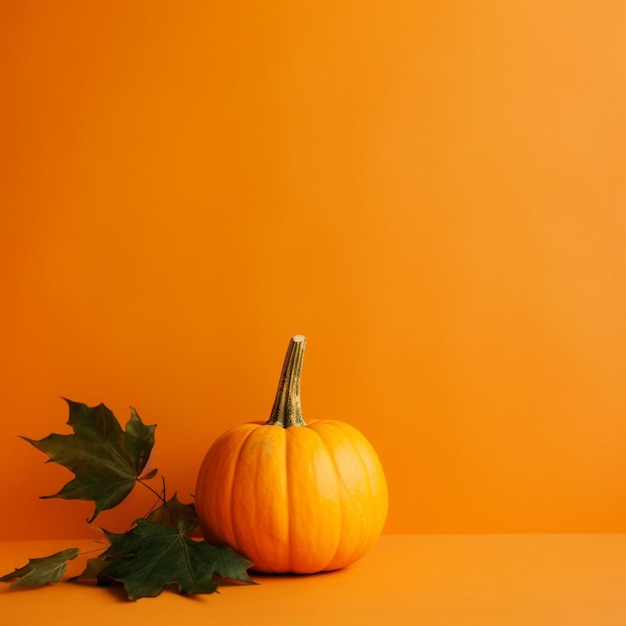 Pumpkin with autumn leaves on orange background Copy space