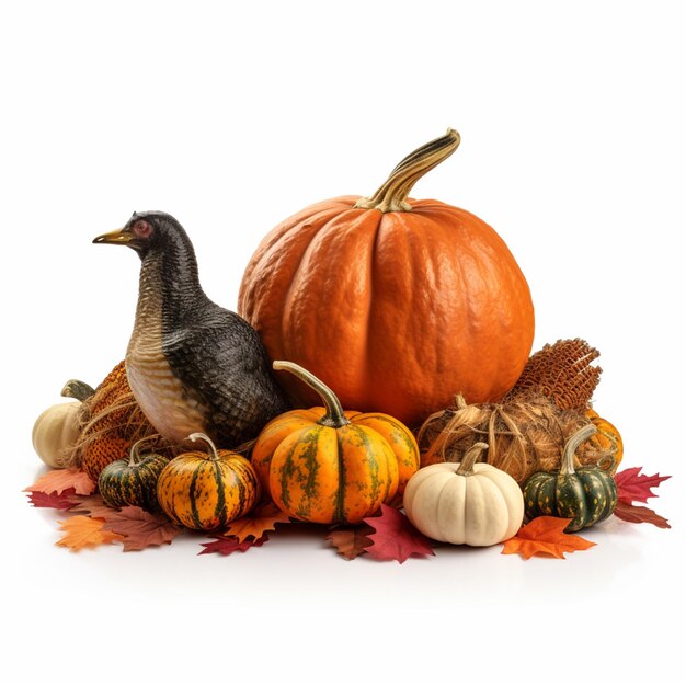 a pumpkin with a bird on it sits next to a pumpkin