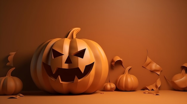 A pumpkin with a carved face sits on a orange background.