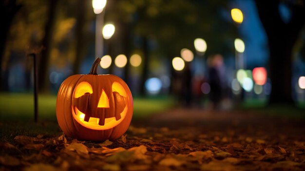 a pumpkin with a carved face sitting on the ground