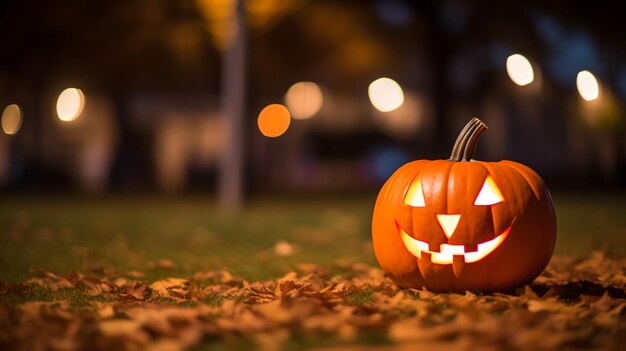 a pumpkin with a carved face sitting on the ground