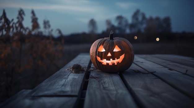 A pumpkin with a face on it sits on a picnic table.