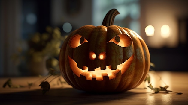 A pumpkin with a face on it sits on a table in front of a lit candle.