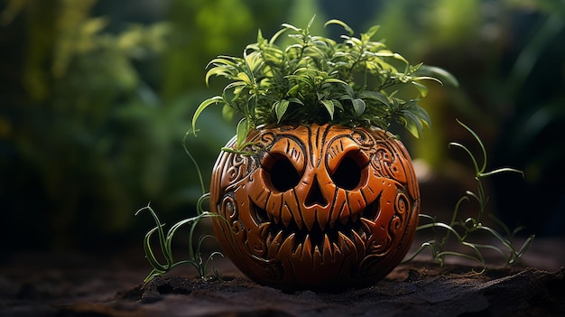 Photo pumpkin with face made of leaves